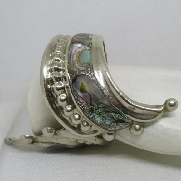 Wide ABALONE MEXICAN SILVER Bracelet Mexican Silver Abalone Swirl Clamper Cuff - Picture 5 of 14
